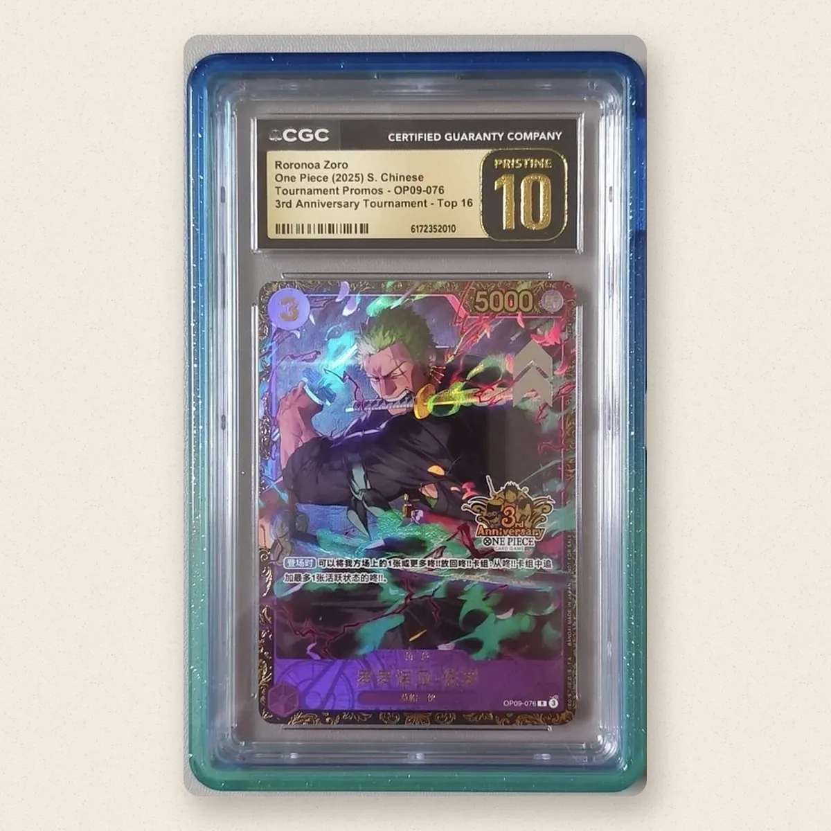 Foto 1 de 1: Roronoa Zoro promo Top 16 torneo 3.er Aniversario chino (OP09-076) CGC 10 Pristine