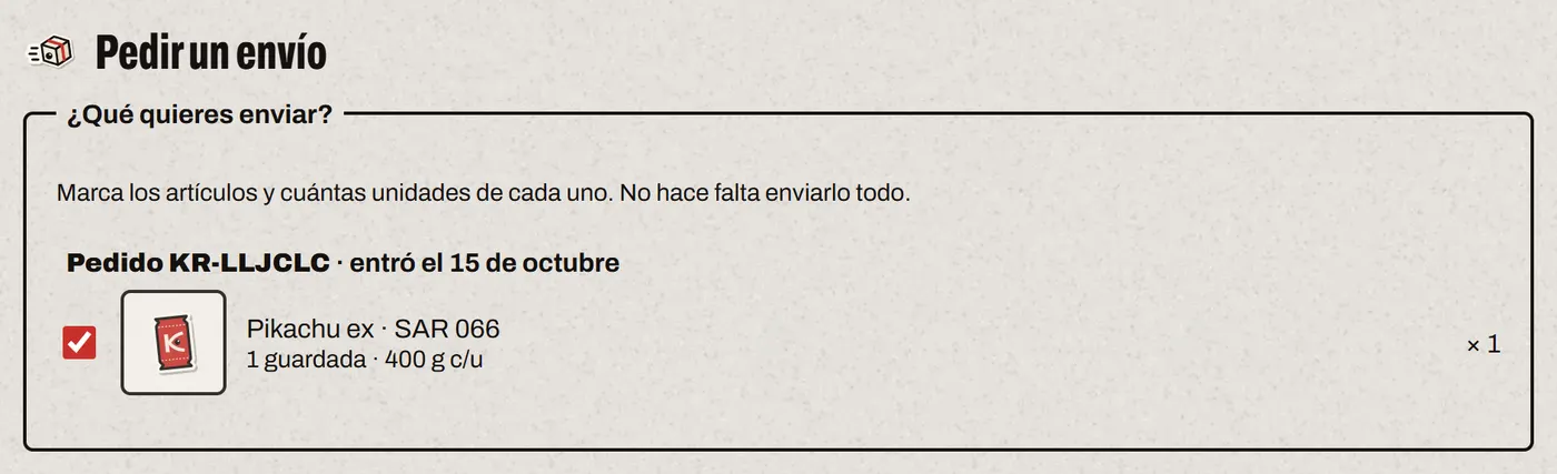 Lo guardado en KuraVault, agrupado por pedido, con una casilla para marcar cada artículo y las unidades que se envían.