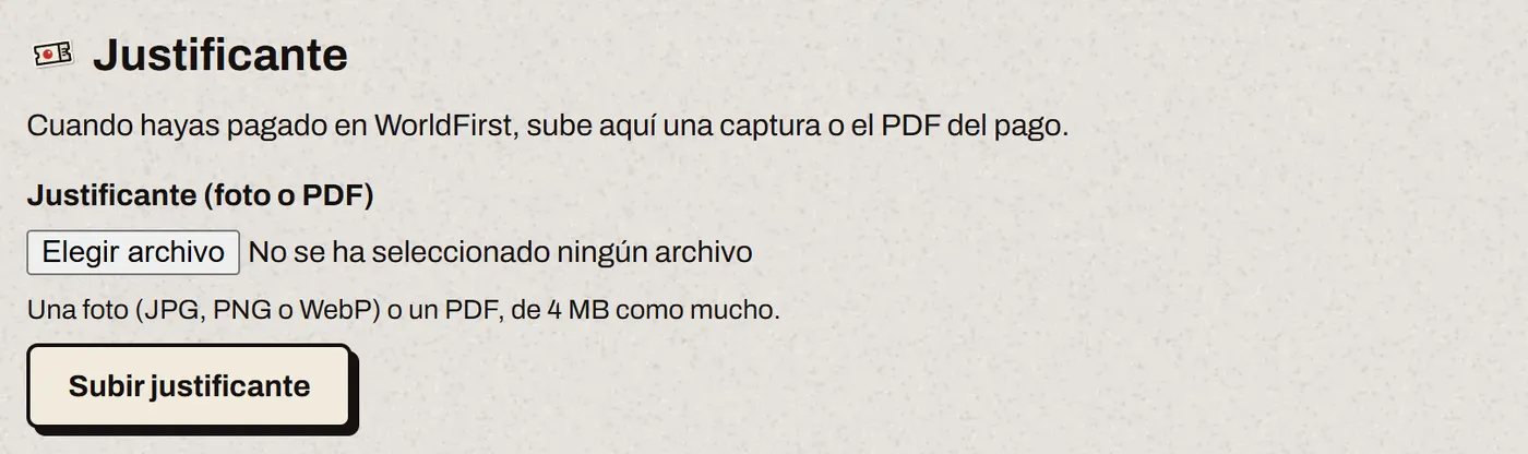El apartado «Justificante» de un pedido: el campo para elegir la foto o el PDF del pago y el botón «Subir justificante».