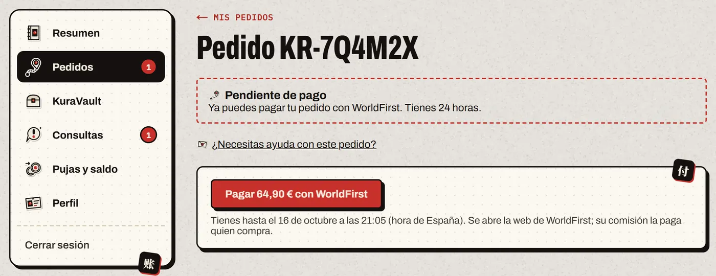 Un pedido «Pendiente de pago», con el menú de la cuenta al lado y el botón rojo «Pagar con WorldFirst» con el importe y la fecha y hora límite para pagar.